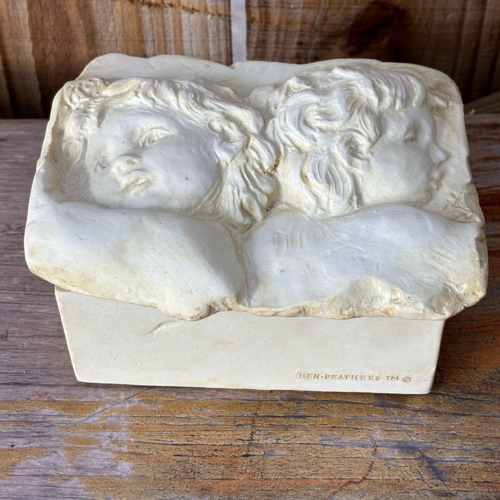 Vintage Hen-Feathers Hand Cast Resin Two Sweet Cherubs Trinket Box